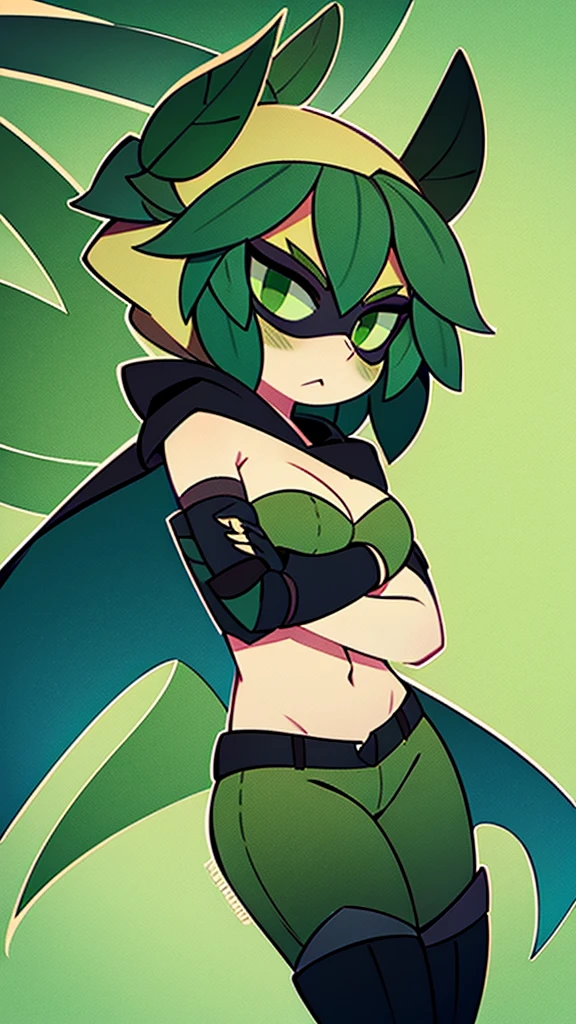 green hair, green sclera, green eyes, colored skin, green skin, domino mask, cape, hood black jacket, brown pants leaf, crossed arms, blushing, chibi