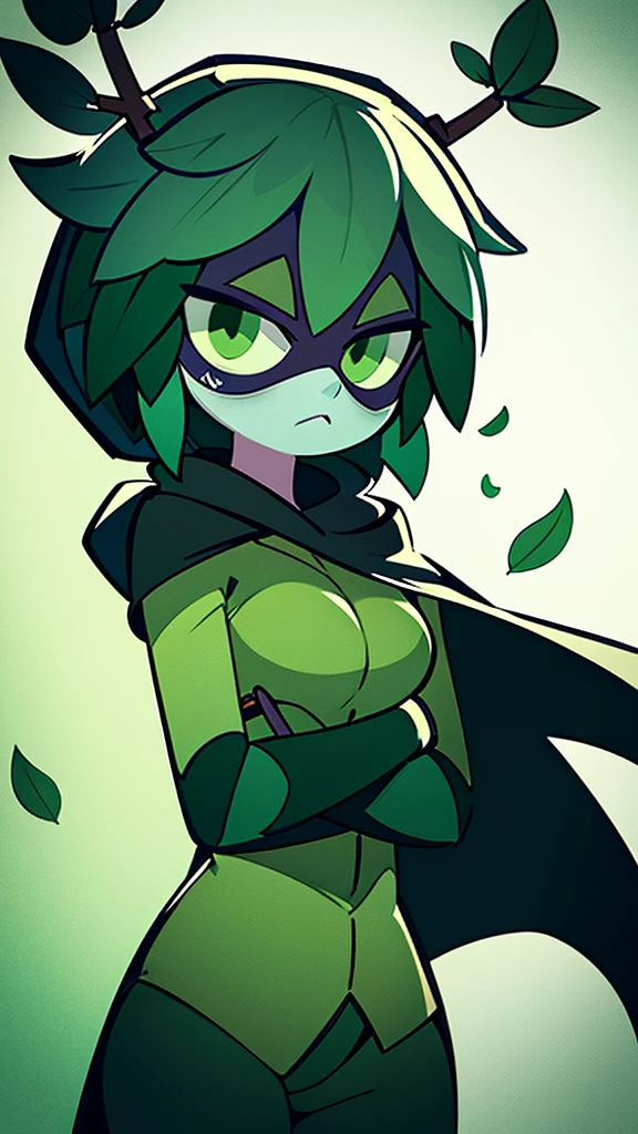 green hair, green sclera, green eyes, colored skin, green skin, domino mask, cape, hood black jacket, brown pants leaf, crossed arms, blushing, chibi