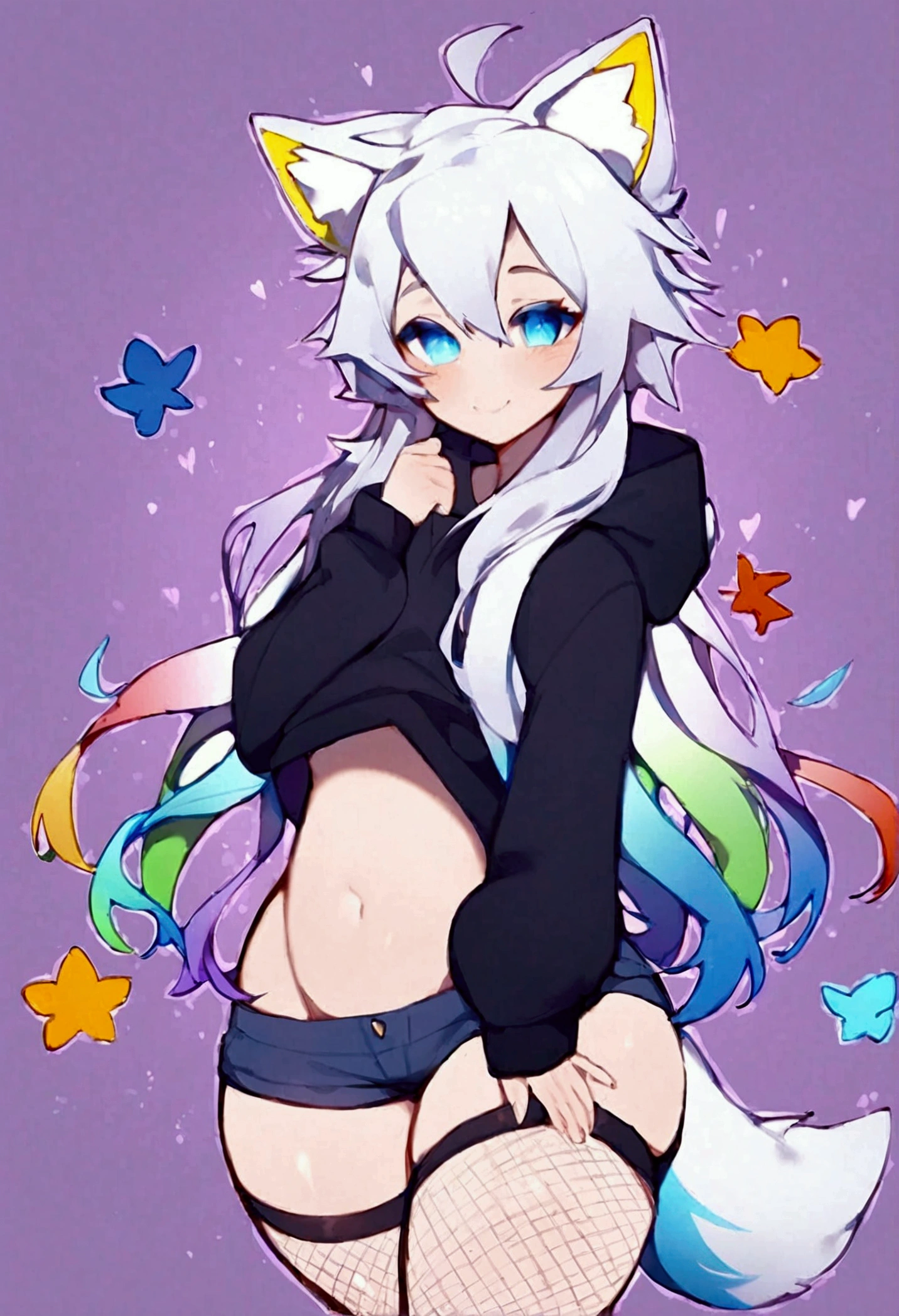 a cute adult male with wolf ears, long white hair, long locks, has a wolf tail, wearing a loose cropped black hoodie, wearing a pair of denim short shorts and fishnet stockings, thick thighs, wide hips, short, showing slender tummy, heart on hoodie, squishy thighs, has glowing blue eyes. alone, solo (ALONE)(SOLO), surrounded by rainbows, colorful galaxy backround, smiling, ontop of a pile of fluffy plushes, plushies everywhere, kawaii plushies, surrounded by bubbles, surrounded by rainbow leaves, standing up dancing, thicc thighs, has giant ears