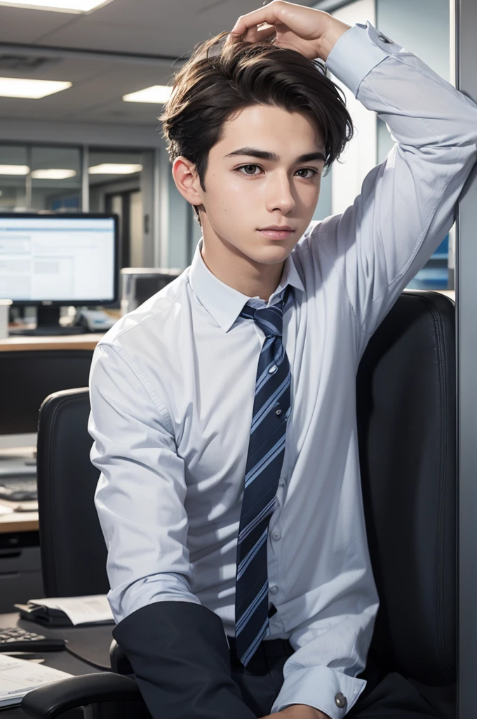 Create an image of a young man working in the office