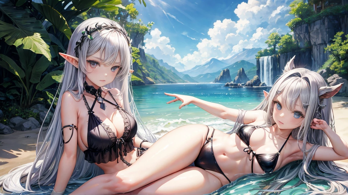 Elf Girl、8-year-old、Medium-long silver hair、Silver Eyes、Black bikini swimsuit、Seductive expression、With legs apart