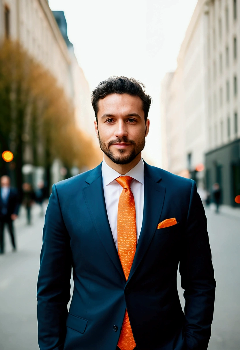 Highest quality、8k.masterpiece、Professional photos、Italian man wearing a suit and orange tie standing on a city street, Outdoor business portrait, Professional Profile Photo, Professional profile photo, wearing a suit and a tie, Wearing a business suit, Nico DeRolls, Chi multiplication, Corporate Wear, wearing a suit and a tie, Corporate Portrait, Raphael Persona, Sascha Schneider, Wear a business suit, Professional photos