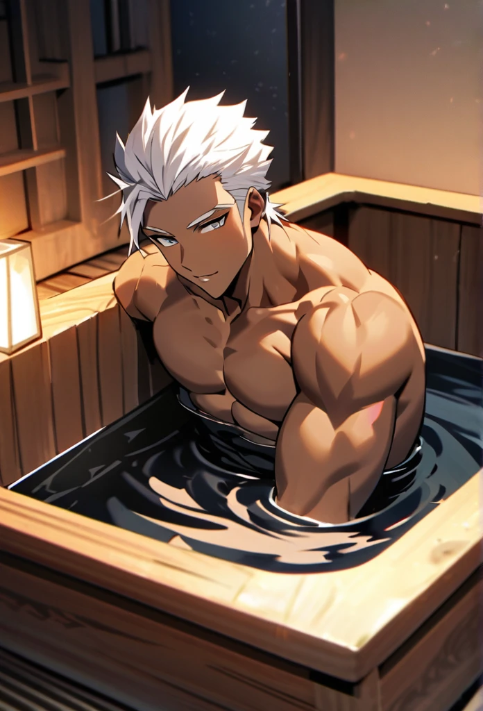 Character masculine From The king of figthers, k Dash with a soft smile on your lips in a night mood , white hair short, Gray iris eyes, dark skin, Toned muscular body, In a wooden bathtub