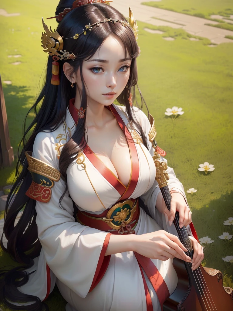 A woman in a white dress holding red and green musical instruments, Beautiful character drawings, Japanese Goddess, Beautiful and attractive anime woman, Gweiz-style artwork, Beautiful Anime Woman, Beautiful Fantasy Empress, Inspired by Wu Zuoren, Inspired by Sukenori Nishikawa, Inspired by Du Qiong, Ancient Chinese Beauties,  Highly detailed CG unit 8k wallpaper, masterpiece, High resolution, highest quality, highest quality real texture skin, Super Real, Digital Painting, Best image quality, 最High resolution, 8k, ((Highly detailed eyes and face, Beautiful eyes every detail)), 