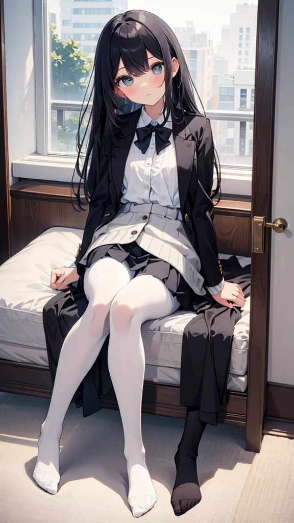 Top quality, masterpiece, High resolution, (Head to toe full body), front, frontやや下からの構図, Symmetric, Tall 18 year old girl, alone, (Head to toe), (Small breasts), bangs, (black tights), (Black Pantyhose), (Sit with your legs apart), (Crouching pose), (A composition showing white panties), (Her legs were spread、I see your white pants.), (I was made to sit on the floor with my legs spread..), (M-shaped legs), Thin legs, A very beautiful and tall 18 year old girl, (No shoes), blush, Shy big eyes, looking at the camera, Blazer Uniform, Checkered Pleated Skirt