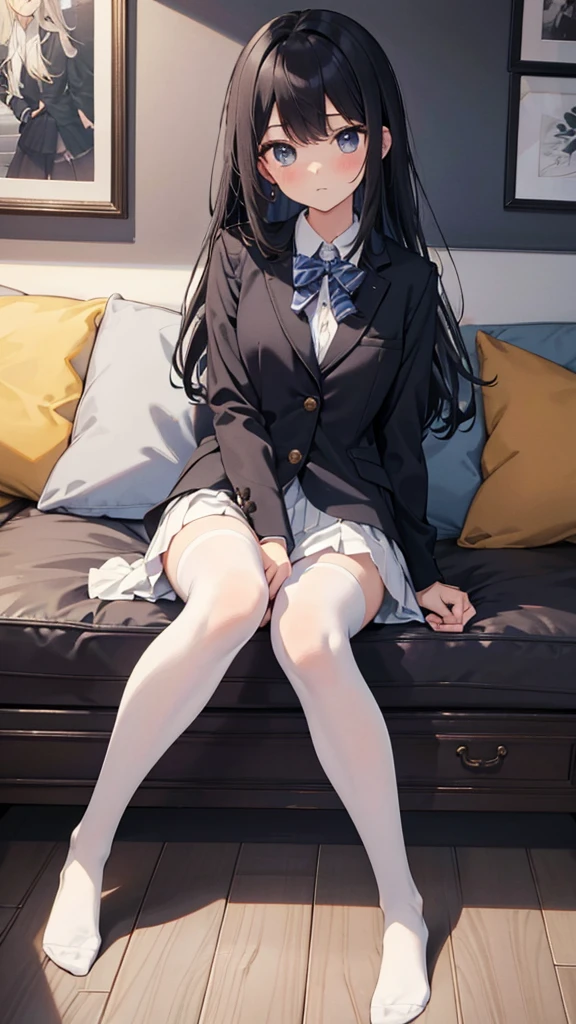 Top quality, masterpiece, High resolution, (Head to toe full body), front, frontやや下からの構図, Symmetric, Tall 18 year old girl, alone, (Head to toe), (Small breasts), bangs, (black tights), (Black Pantyhose), (Sit with your legs apart), (Crouching pose), (A composition showing white panties), (Her legs were spread、I see your white pants.), (I was made to sit on the floor with my legs spread..), (M-shaped legs), Thin legs, A very beautiful and tall 18 year old girl, (No shoes), blush, Shy big eyes, looking at the camera, Blazer Uniform, Checkered Pleated Skirt