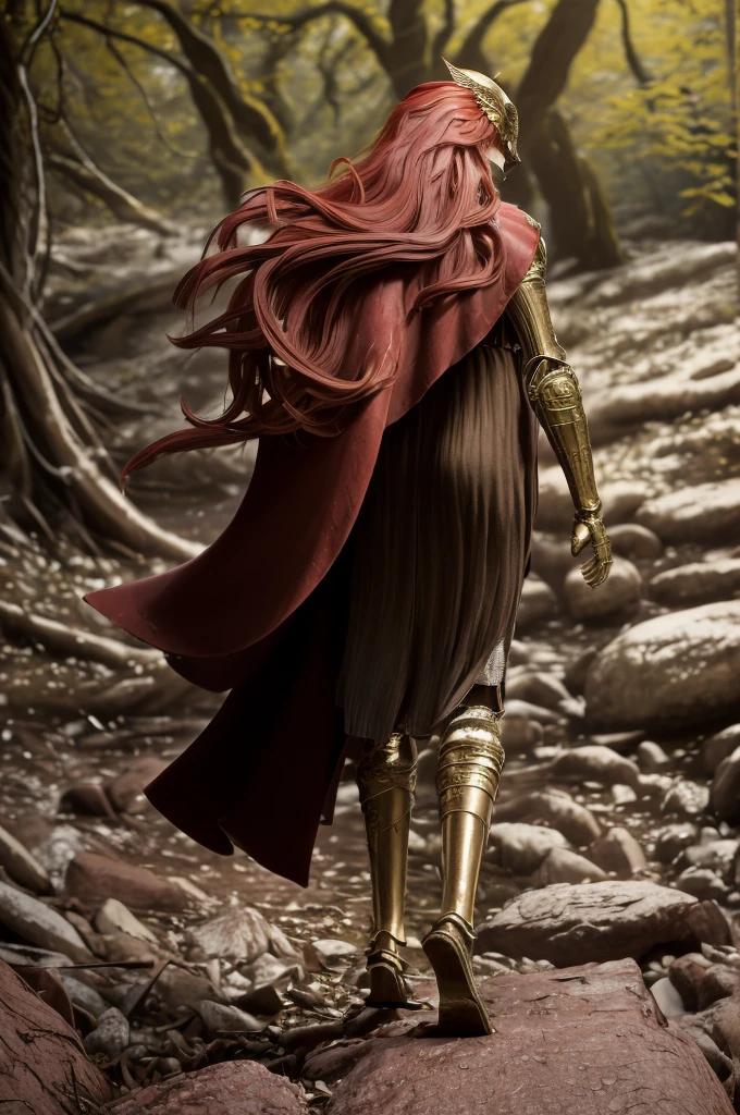 eldenring\(malenia\), (8k, RAW photo, best quality, masterpiece:1.2), (realistic, photo-realistic:1.37), very long hair, beautiful face, beautiful eyes, 1girl, beautiful face, (long red cape:1.3), solo, mecha right arm, mecha left leg, (cursed_left_arm), very long hair, red hair, red cape, dress, covered eyes, closed mouth, full body,(right hand prosthesis:1.3), (((left hand is nature))), ((prosthesis left leg:1.2)),(right leg is nature:1.1), stroll in the woods, green trees, weapon, holding blade, face to the viewer, malenia_blade, tattoo, from back