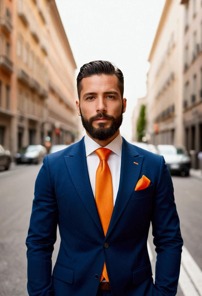 Highest quality、8k、Italian man wearing a suit and orange tie standing on a city street, Outdoor business portrait, Professional Profile Photo, Professional profile photo, wearing a suit and a tie, Wearing a business suit, Nico DeRolls, Chi multiplication, Corporate Wear, wearing a suit and a tie, Corporate Portrait, Raphael Persona, Sascha Schneider, Wear a business suit, Professional photos、beard、