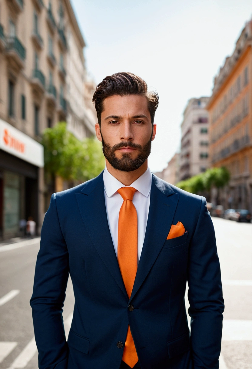 Highest quality、8k、Italian man wearing a suit and orange tie standing on a city street, Outdoor business portrait, Professional Profile Photo, Professional profile photo, wearing a suit and a tie, Wearing a business suit, Nico DeRolls, Chi multiplication, Corporate Wear, wearing a suit and a tie, Corporate Portrait, Raphael Persona, Sascha Schneider, Wear a business suit, Professional photos、beard、