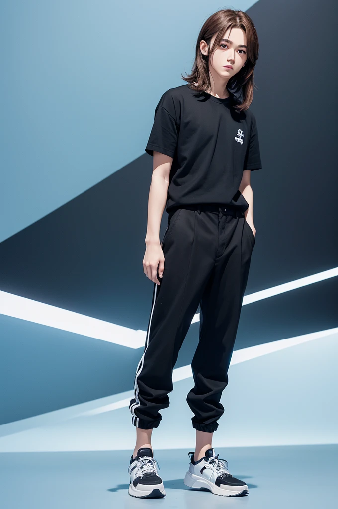 An image of an anime style character with brown hair and black eyes and a dark blue shirt and black pants and white shoes and the image background is light blue
