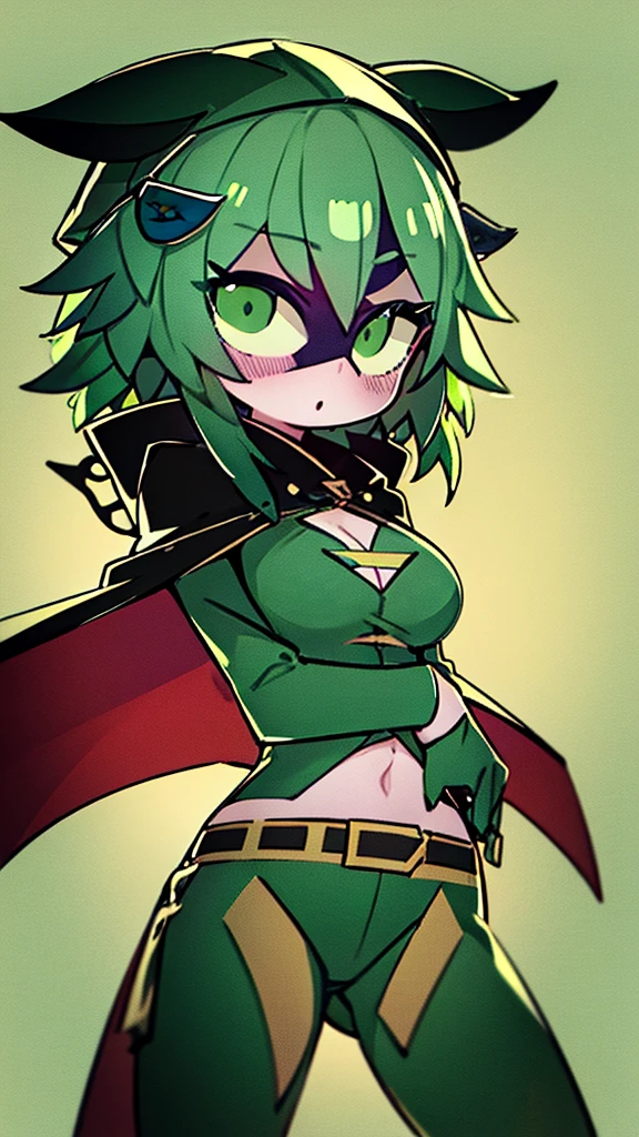 green hair, green sclera, green eyes, colored skin, green skin, domino mask, cape, hood black jacket, brown pants leaf, crossed arms, blushing, chibi