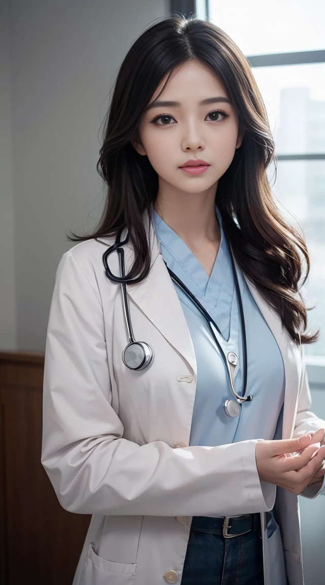 Photorealisticistic beautiful doctor、Stunningly beautiful、doctor'Under her white coat'Wearing sexy blue underwear, Collared shirt、(Highest quality、8k、32k、masterpiece、NFSW:1.3)、Ultra-high resolution,(Photorealistic:1.4),RAW Photos, Detailed face,,Beautiful Hair, ((doctor style)), Tight Skirt、 Natural Makeup,, Big and ample breasts、In the hospital, Detailed Background, Perfect lighting, Written boundary depth, Beautiful shadow gradation,Put a stethoscope on the patient、Beautiful female doctor、I can see your pants、Sit in the examination chair、
