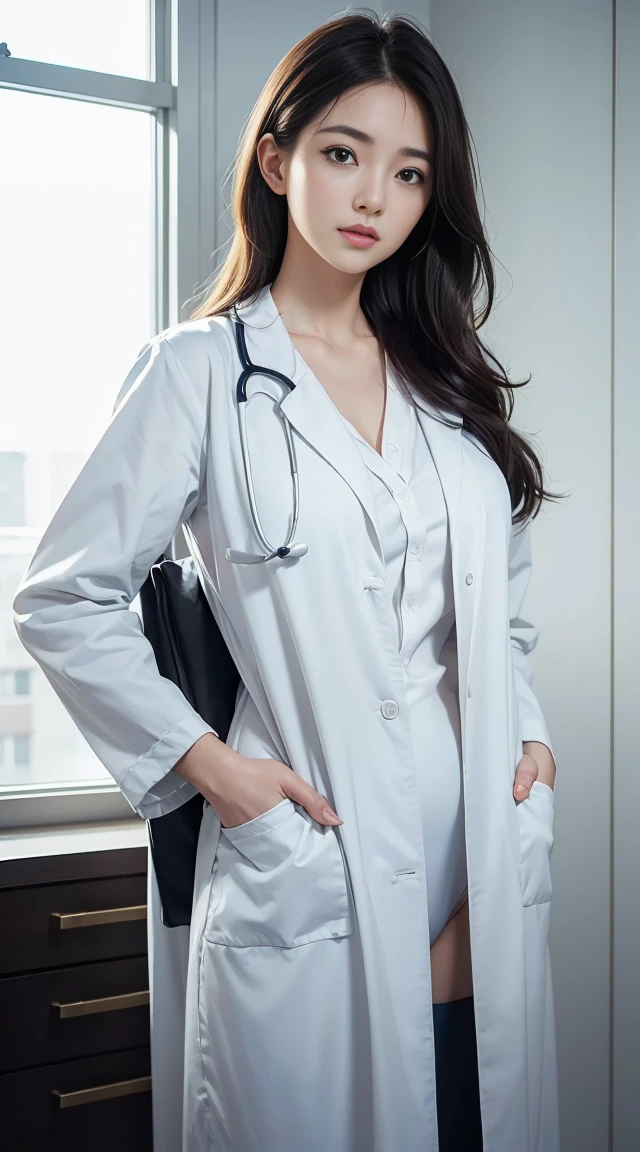 Photorealisticistic beautiful doctor、Stunningly beautiful、doctor&#39;Under her white coat&#39;Wearing sexy blue underwear, Collared shirt、(Highest quality、8k、32k、masterpiece、NFSW:1.3)、Ultra-high resolution,(Photorealistic:1.4),RAW Photos, Detailed face,,Beautiful Hair, ((doctor style)), Tight Skirt、 Natural Makeup,, Big and ample breasts、In the hospital, Detailed Background, Perfect lighting, Written boundary depth, Beautiful shadow gradation,Put a stethoscope on the patient、Beautiful female doctor、I can see your pants、Sit in the examination chair、