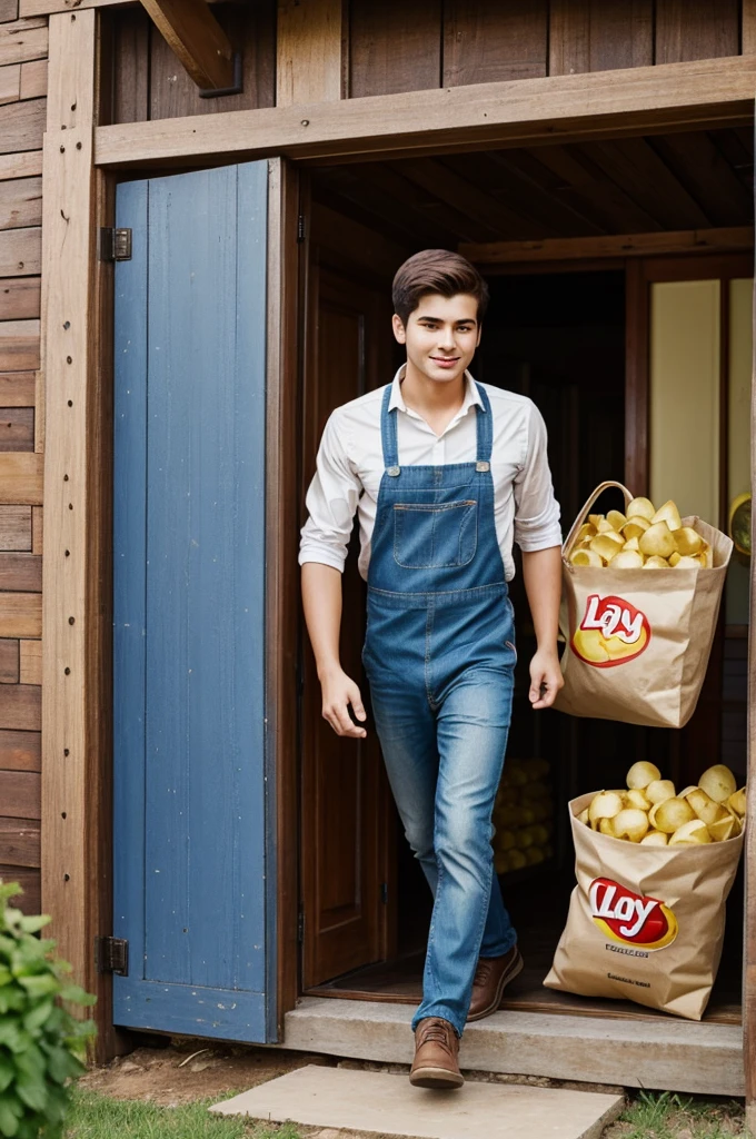 Young man arrives at a house with a bag of lays potatoes