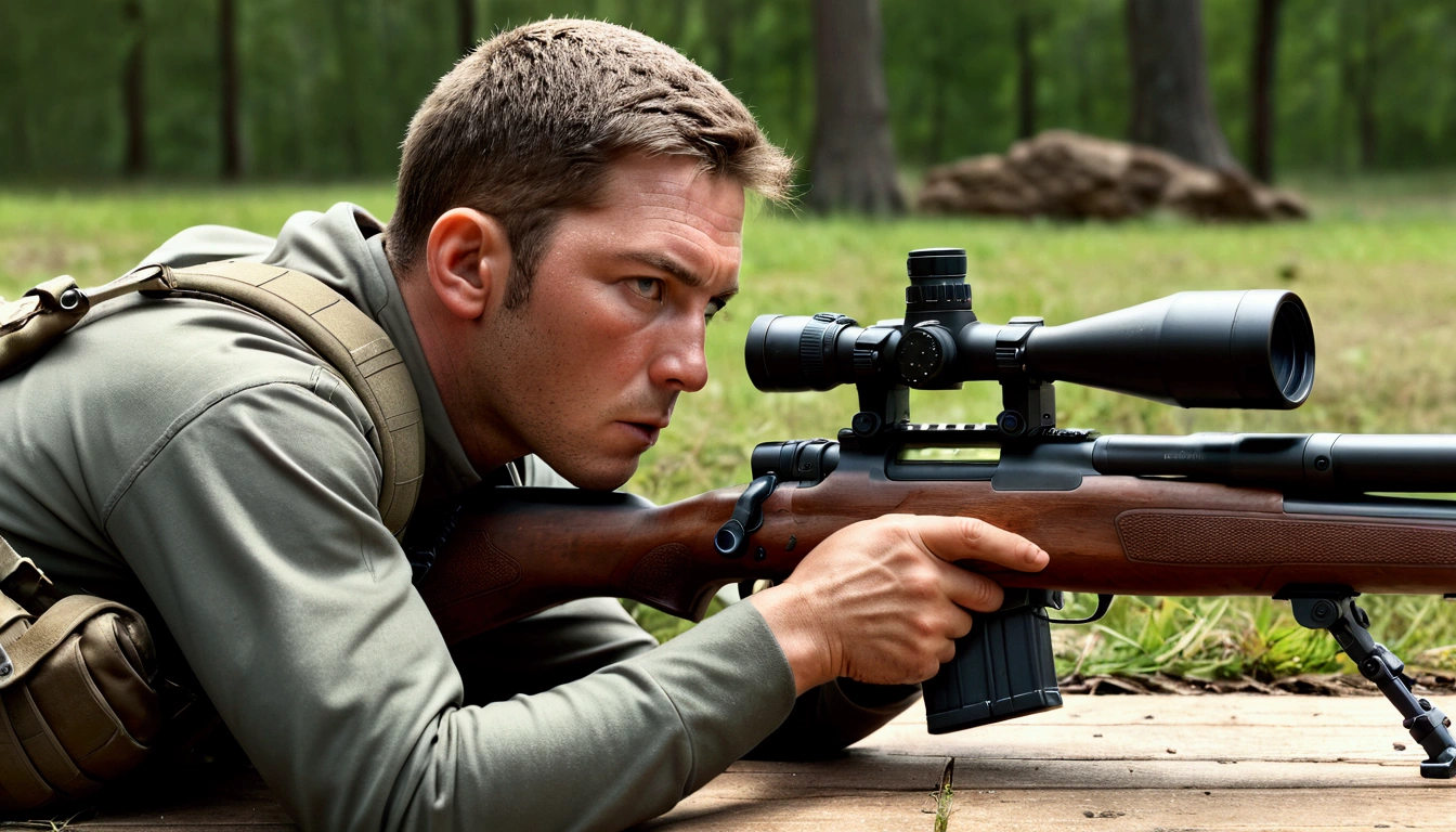 1boy, middle aged Sniper, he holds sniper rifle, prone, from side, wide shot, outdoor, looking in scope, cinematic angle, realistic, hyper-realistic, photorealistic, (best quality,4k,8k,highres,masterpiece:1.2),ultra-detailed,(realistic,photorealistic,photo-realistic:1.37),vivid colors,dramatic lighting,