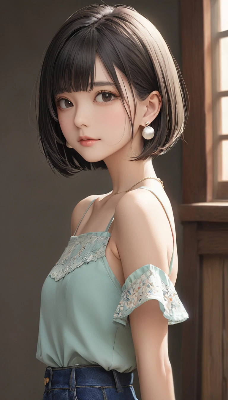 (masterpiece, Highest quality:1.2), One girl, alone,bony body、、bob cut、Earrings