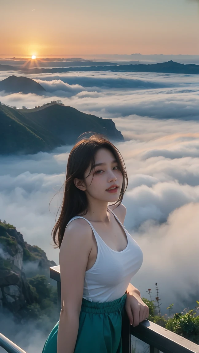 no, Ray tracing, Radio City, Anisotropic filtration, 16,000, best quality, 1 woman, alone, mature,  beautiful mountain climber, white tank top, Gradient long hair、laugh、sunset、big breasts 、valley (((Sea of clouds))