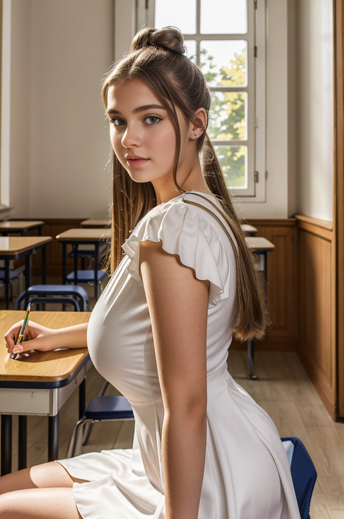 20yo in school school photo in school masterpiece, (photorealistic:1.4), best quality, beautiful lighting,Eleanor Ukraine girl 20yo Old Big Breasts Plus Size Model Bun lHair Bun Hair Hair wearing Bella Godet Dress.