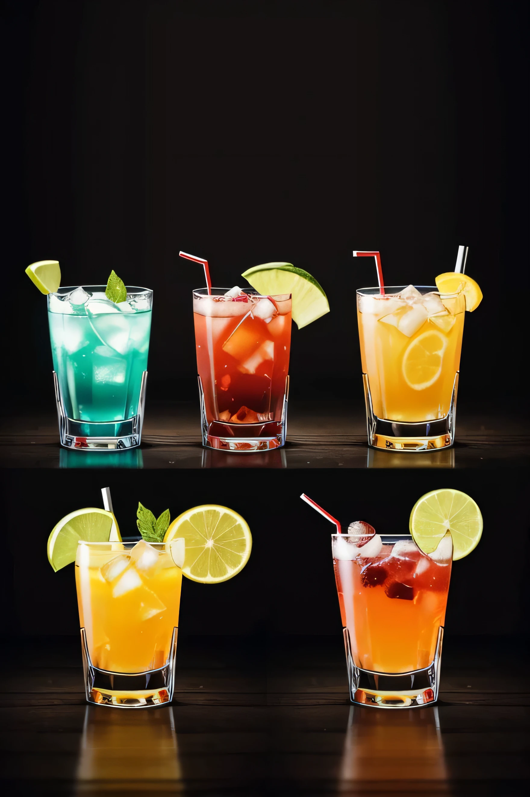 Cocktail assortment is served on a dark background. The concept of classic drinks menu. Copy space, panoramic
