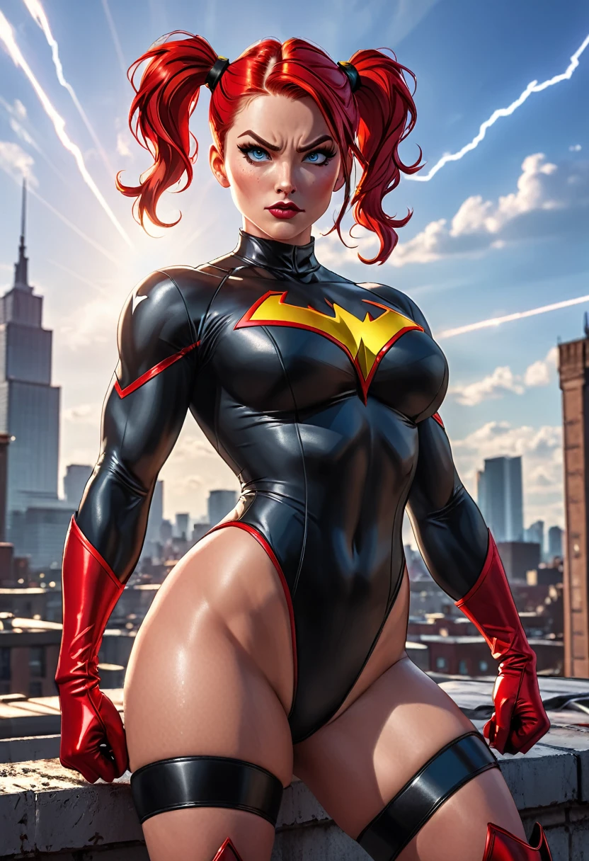 A supervillain with (bright red hair in puffy pigtails:1.3) and  eyes, long lashes, strong jaw, freckles. she wears a (black leotard with long sleeves:1.2), (red lightning bolt emblem), long (red gloves), black thigh high boots, bare thighs. (best quality,4k,8k,highres,masterpiece:1.2),ultra-detailed,(extremely detailed eyes and face:1.2), highcontrast, dramatic lighting, vibrant colors, comic book style, digital painting, cinematic, heroic pose, flexing muscles, standing feet spread, roof top back ground, (highres:1.3), Heavy Metal aesthetic, battlefield background, high quality, masterpiece, realistic photo, intricately detailed, 8k, HDR lighting, shallow depth of field, wide light, high contrast, backlight, light flares, sharp focus, looking at the camera, 