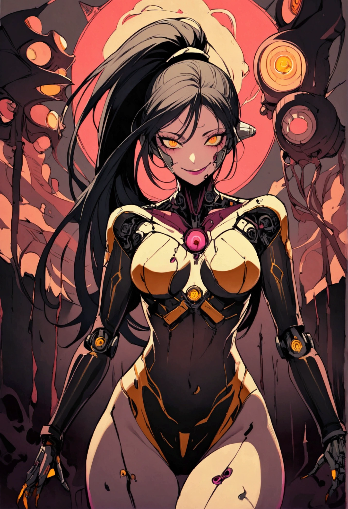 woman, cyborg, high ponytail, eletronics implants, perfect body, black hair, corruption, sadistic smile