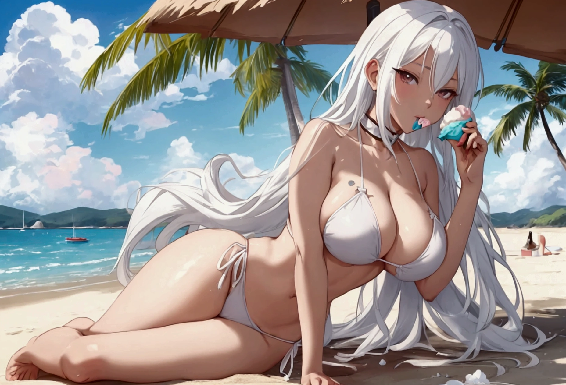 A beautiful anime girl with white hair, wearing a hot white bikini and a revealing thong, on a beach and eating an ice cream on a sunny summer day, photographed from a low camera angle focusing on her thighs, surrounded by a stunning landscape.