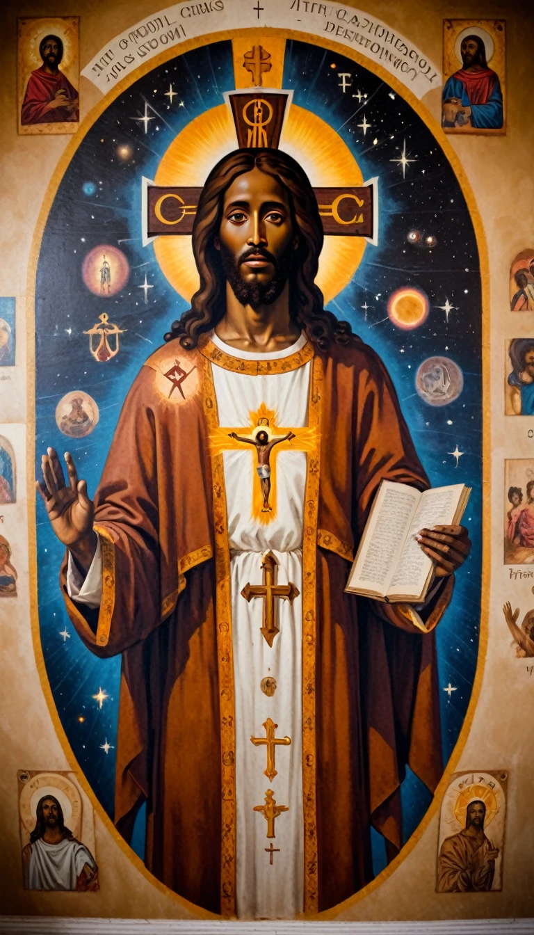 black jesus christ, orthodox painted on the wall, symbols and elements of astrology, and freemasonry, (no crosses) cosmic elements 
