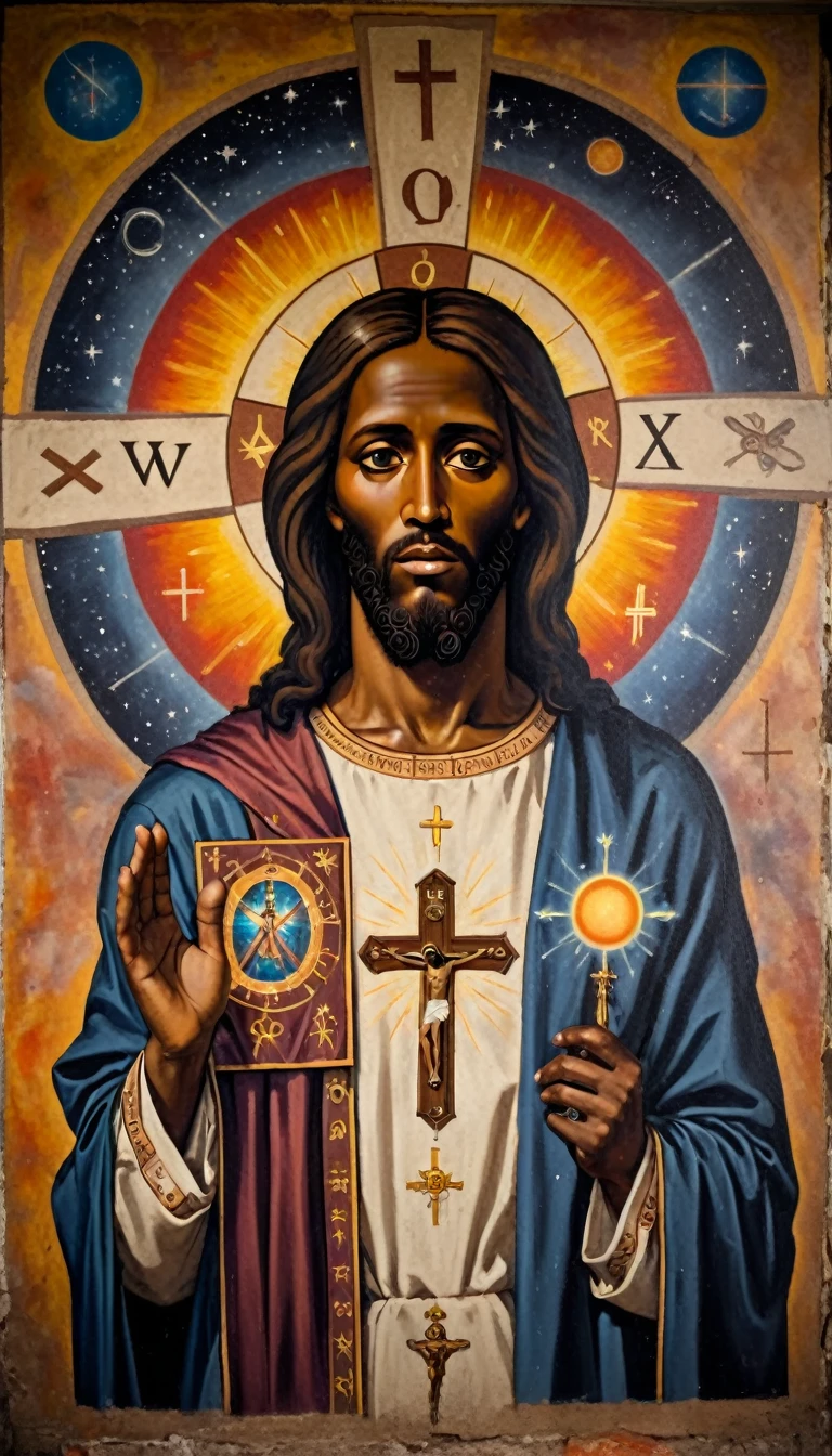 black jesus christ, orthodox painted on the wall, symbols and elements of astrology, and freemasonry, (no crosses) cosmic elements 
