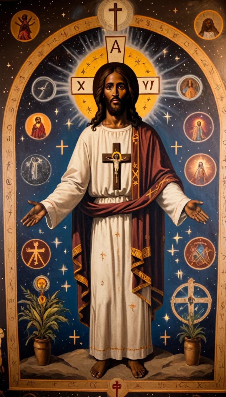 black jesus christ, orthodox painted on the wall, symbols and elements of astrology, and freemasonry, (no crosses) cosmic elements 
