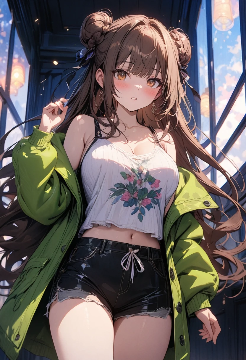 (masterpiece, best quality, very aesthetic, newest, absurdres, detailed, high quality), highest quality, highres, ultra fine painting, digital art, official art, cinematic, 4k, 8k resolution, 8K CG wallpaper, CG, (top quality, details:1.37), detailed background, High Dynamic Range, blurry background, golden hour, blue hour, Starburst effects, crepuscular rays, good ISO, high resolution, wide shot, from far away, epic lighting, RAW photo, POV, sharp focus, lens flare, light reflection, reflections, light source, intricate details, hard light, particle noise, professional photography, bokeh, depth of field, good lighting, hard colors, looking away, detailed lights and shadows, stylish, ultra-detailed, Pixiv, trending art, niji style, modern-days, master crafted, pose, solo, 1girl, a girl, correct fingers, detailed eyes, (medium big breasts:1.2), big thighs, short torso, flushtered, casual, (cute, slim), childish face, nice hips, nice body, brown hair, (long flowing hair:1.2), big twin buns hairstyle, long bangs, long hair, middle hair bangs, brown eyes, dynamic pose, full body, close portrait, cute lewd position:1.5, ((black string tanktop:1.2, tummy skin:1.1), off shoulder open green hoodie, shorts, outfit ornaments)
