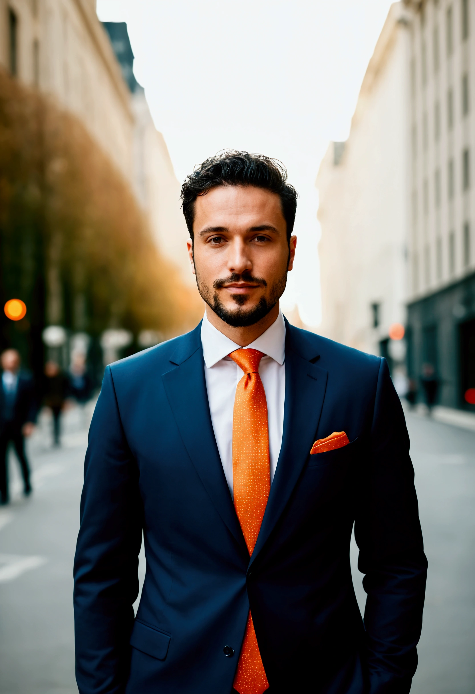 Highest quality、8k.masterpiece、Professional photos、Italian man wearing a suit and orange tie standing on a city street, Outdoor business portrait, Professional Profile Photo, Professional profile photo, wearing a suit and a tie, Wearing a business suit, Nico DeRolls, Chi multiplication, Corporate Wear, wearing a suit and a tie, Corporate Portrait, Raphael Persona, Sascha Schneider, Wear a business suit, Professional photos