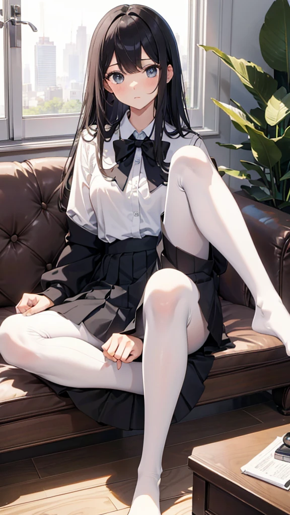 Top quality, masterpiece, High resolution, (Head to toe full body), front, frontやや下からの構図, Symmetric, Tall 18 year old girl, alone, (Head to toe), (Small breasts), bangs, (black tights), (Black Pantyhose), (Sit with your legs apart), (Crouching pose), (A composition showing white panties), (Her legs were spread、I see your white pants.), (I was made to sit on the floor with my legs spread..), (M-shaped legs), Thin legs, A very beautiful and tall 18 year old girl, (No shoes), blush, Shy big eyes, looking at the camera, Blazer Uniform, Checkered Pleated Skirt