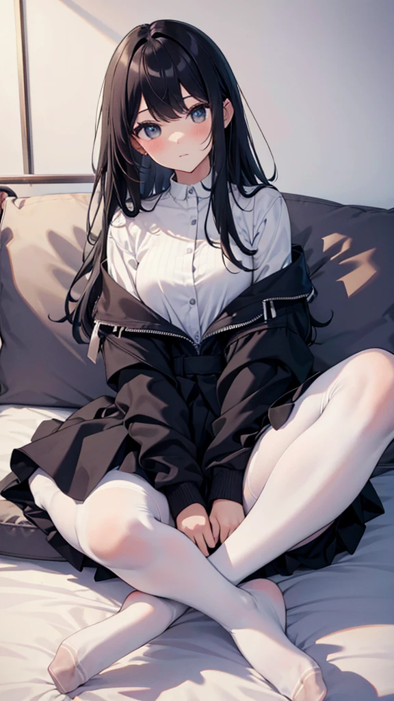 Top quality, masterpiece, High resolution, (Head to toe full body), front, frontやや下からの構図, Symmetric, Tall 18 year old girl, alone, (Head to toe), (Small breasts), bangs, (black tights), (Black Pantyhose), (Sit with your legs apart), (Crouching pose), (A composition showing white panties), (Her legs were spread、I see your white pants.), (I was made to sit on the floor with my legs spread..), (M-shaped legs), Thin legs, A very beautiful and tall 18 year old girl, (No shoes), blush, Shy big eyes, looking at the camera, Blazer Uniform, Checkered Pleated Skirt