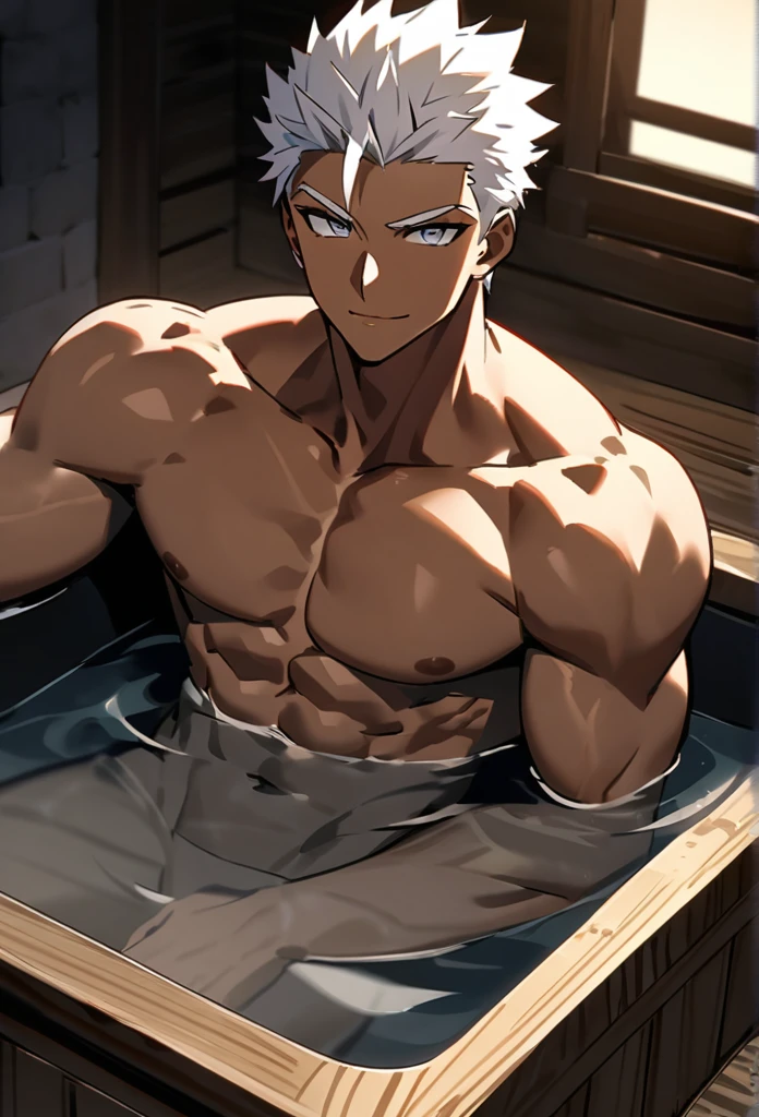 Character masculine From The king of figthers, k Dash with a soft smile on your lips in a night mood , white hair short, Gray iris eyes, dark skin, Toned muscular body, In a wooden bathtub 