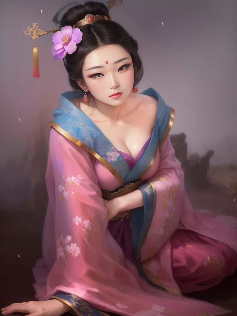 a painting of a woman in a pink and blue dress, a beautiful fantasy empress, ancient chinese princess, beautiful character painting, chinese princess, palace , a girl in hanfu, ancient asian dynasty princess, ancient chinese beauties, inspired by Lan Ying, beautiful alluring anime woman, ((a beautiful fantasy empress)), beautiful render of tang dynasty, beautiful oriental woman, chinese empress, Highly detailed CG unit 8k wallpaper, masterpiece, High resolution, highest quality, highest quality real texture skin, Super Real, Digital Painting, Best image quality, 最High resolution, 8k, ((Highly detailed eyes and face, Beautiful eyes every detail)),