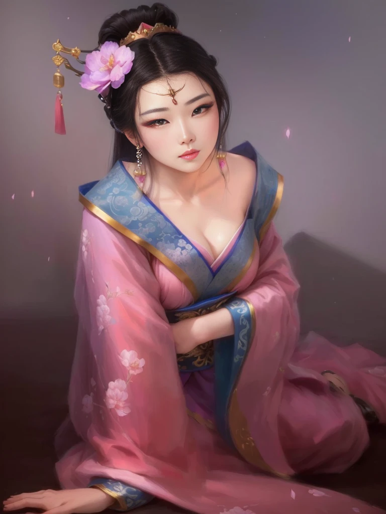 a painting of a woman in a pink and blue dress, a beautiful fantasy empress, ancient chinese princess, beautiful character painting, chinese princess, palace ， a girl in hanfu, ancient asian dynasty princess, ancient chinese beauties, inspired by Lan Ying, beautiful alluring anime woman, ((a beautiful fantasy empress)), beautiful render of tang dynasty, beautiful oriental woman, chinese empress, Highly detailed CG unit 8k wallpaper, masterpiece, High resolution, highest quality, highest quality real texture skin, Super Real, Digital Painting, Best image quality, 最High resolution, 8k, ((Highly detailed eyes and face, Beautiful eyes every detail)), 
