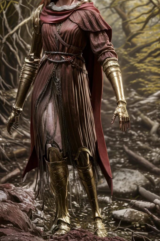 eldenring\(malenia\), (8k, RAW photo, best quality, masterpiece:1.2), (realistic, photo-realistic:1.37), very long hair, beautiful face, beautiful eyes, 1girl, beautiful face, (long red cape:1.3), solo, mecha right arm, mecha left leg, (cursed_left_arm), very long hair, red hair, red cape, dress, covered eyes, closed mouth, full body,(right hand prosthesis:1.3), (((left hand is nature))), ((prosthesis left leg:1.2)),(right leg is nature:1.1), stroll in the woods, green trees, weapon, holding blade, face to the viewer, malenia_blade, tattoo, from back, figure hugging clothes