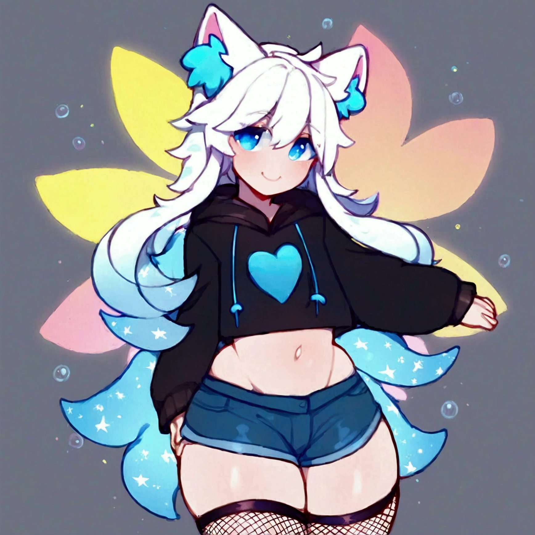 a cute adult male with wolf ears, long white hair, long locks, has a wolf tail, wearing a loose cropped black hoodie, wearing a pair of denim short shorts and fishnet stockings, thick thighs, wide hips, short, showing slender tummy, heart on hoodie, squishy thighs, has glowing blue eyes. alone, solo (ALONE)(SOLO), surrounded by rainbows, colorful galaxy backround, smiling, ontop of a pile of fluffy plushes, plushies everywhere, kawaii plushies, surrounded by bubbles, surrounded by rainbow leaves, standing up dancing, thicc thighs, has giant ears