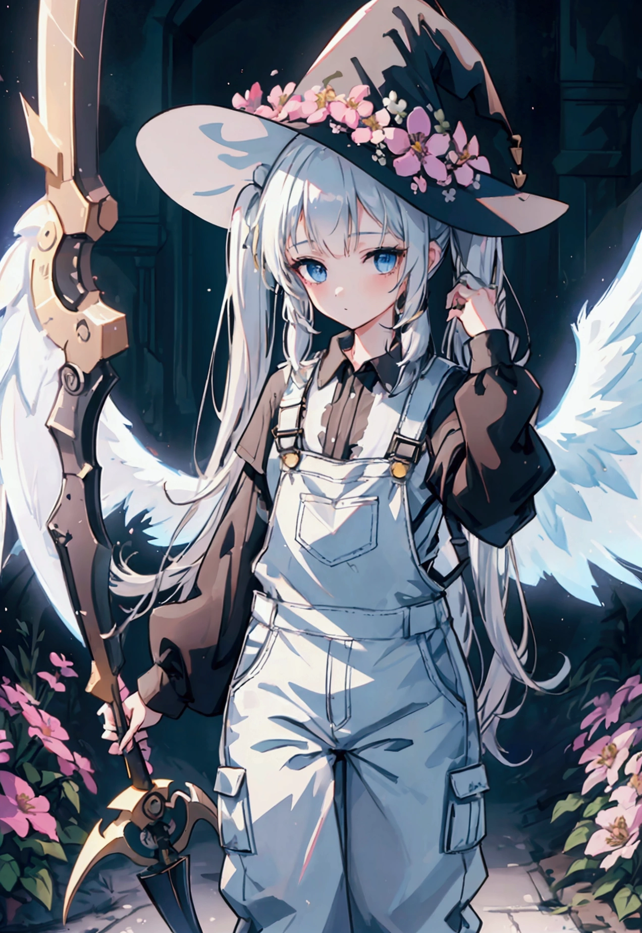 a girl with twin tails wearing a white shirt, overalls, with angel wings and a witch hat, holding a sci-fi scythe, standing in ancient ruins surrounded by flowers, intricate details, cinematic lighting, fantasy, anime style, 8k, high quality