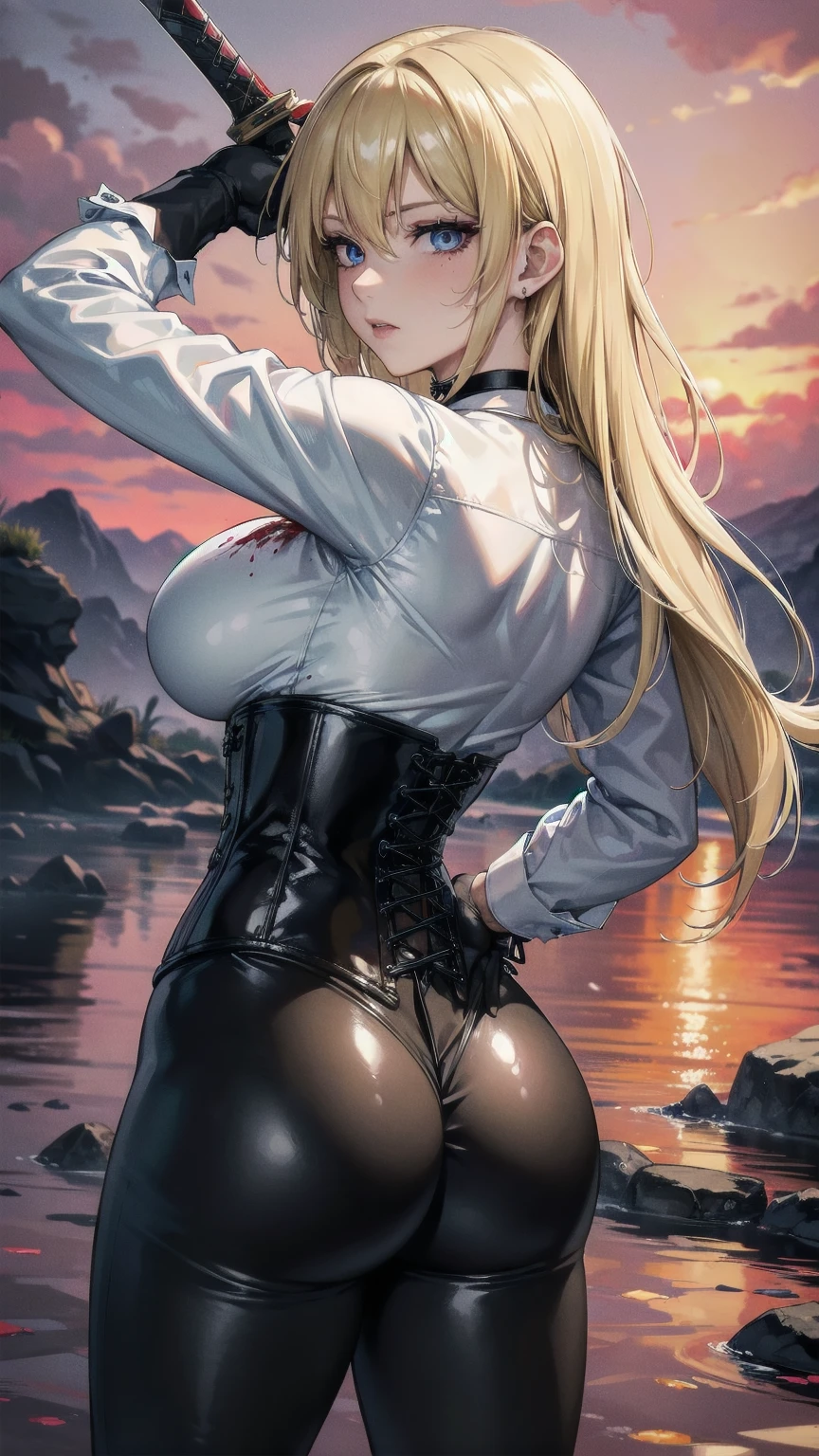 ((blood droplets)), ((blood)), ((blood splatter)), ((blood on clothes)) ((blood stain)), Masterpiece, Superior image quality, high resolution, 4k image,photo and gross, photorealistic, whole body, Torn clothes,  1 young blonde of 15 years, fighting pose, {{{vagina}}}, big breasts, beautiful face, Long blonde hair, blue eyes, very detailed eyes,  serious expression, choker:1.6, (white collar button down long sleeve shirt), black gloves, gloves that cover hands, (wields a sword in his right hand), (black leather corset), (shiny black leggings), Sensual Lips, show details in the eyes, view from behind, perfect ass, looking at the viewer, standing on the shore of a lagoon, gloomy lagoon, Atmosphere, crimson sky