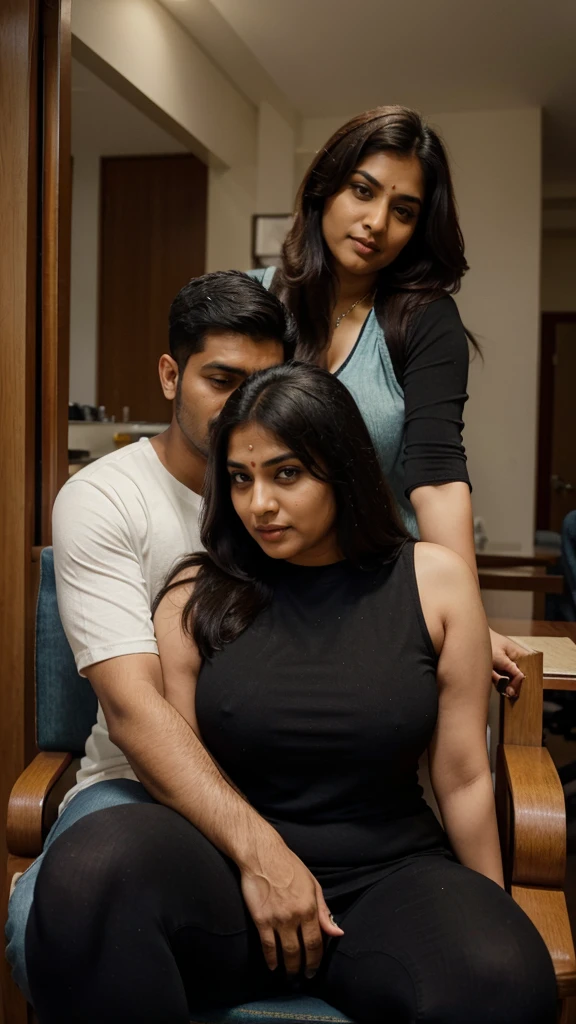 Indian married couple, man and woman, short woman with long hair, big breasts, big hip, big ass, thick curvy, 30 years indian tall man buzz cut wearing shirt and jeans, woman wearing black kurti and leggings, man sitting in chair and woman sitting in man lap, Couple, sexy face, detailed.