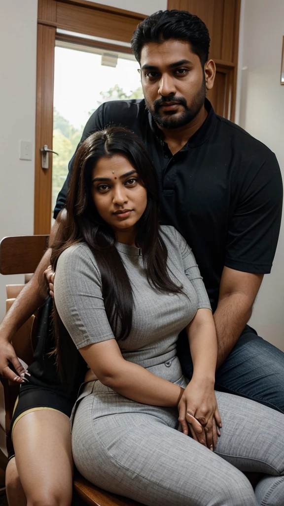 Indian married couple, man and woman, short woman with long hair, big breasts, big hip, big ass, thick curvy, 30 years indian tall man buzz cut wearing shirt and jeans, woman wearing black kurti and leggings, man sitting in chair and woman sitting in man lap, Couple, sexy face, detailed.