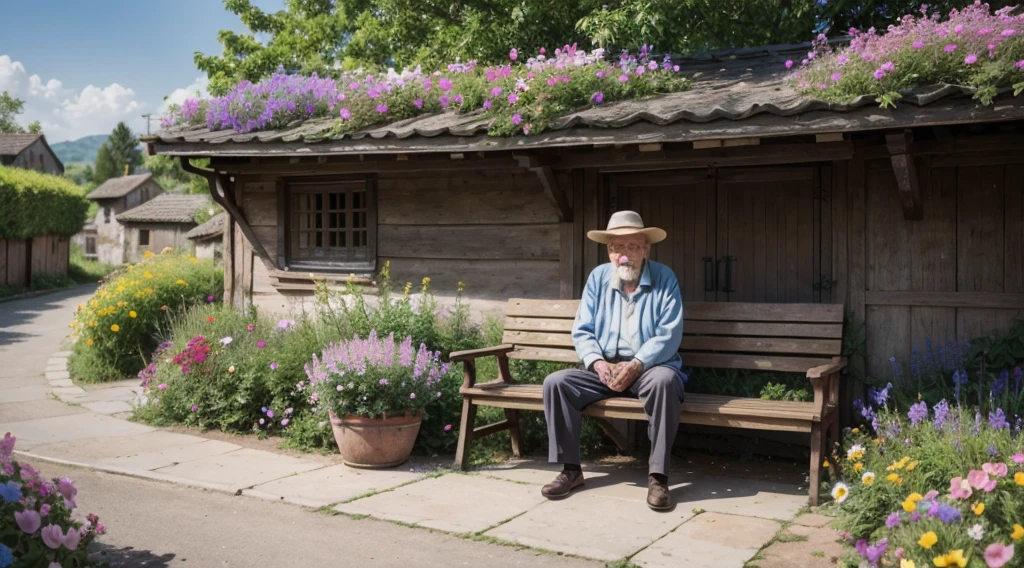 /imagine A wise old man sitting on a wooden bench in a small village, surrounded by colorful flowers. He holds a bucket with a small hole in it, and around you there is a path with flowers growing on one side, symbolizing beauty in imperfections. The atmosphere is serene and inspiring, with a clear blue sky and soft sunlight.