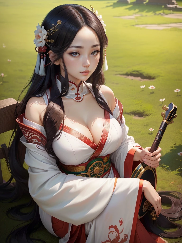 A woman in a white dress holding red and green syamisen, Beautiful character drawings, Japanese Goddess, Beautiful and attractive anime woman, Gweiz-style artwork, Beautiful Anime Woman, Beautiful Fantasy Empress, Inspired by Wu Zuoren, Inspired by Sukenori Nishikawa, Inspired by Du Qiong, Ancient Chinese Beauties,  Highly detailed CG unit 8k wallpaper, masterpiece, High resolution, highest quality, highest quality real texture skin, Super Real, Digital Painting, Best image quality, 最High resolution, 8k, ((Highly detailed eyes and face, Beautiful eyes every detail)), 