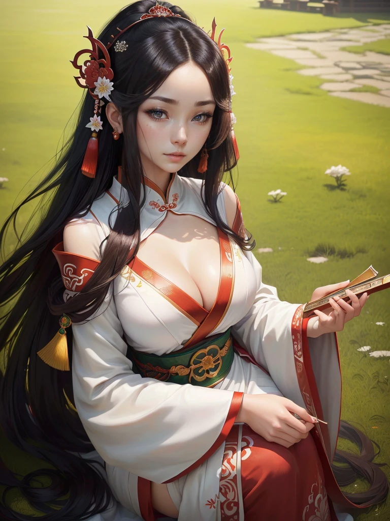 A woman in a white dress holding red and green syamisen, Beautiful character drawings, Japanese Goddess, Beautiful and attractive anime woman, Gweiz-style artwork, Beautiful Anime Woman, Beautiful Fantasy Empress, Inspired by Wu Zuoren, Inspired by Sukenori Nishikawa, Inspired by Du Qiong, Ancient Chinese Beauties,  Highly detailed CG unit 8k wallpaper, masterpiece, High resolution, highest quality, highest quality real texture skin, Super Real, Digital Painting, Best image quality, 最High resolution, 8k, ((Highly detailed eyes and face, Beautiful eyes every detail)), 