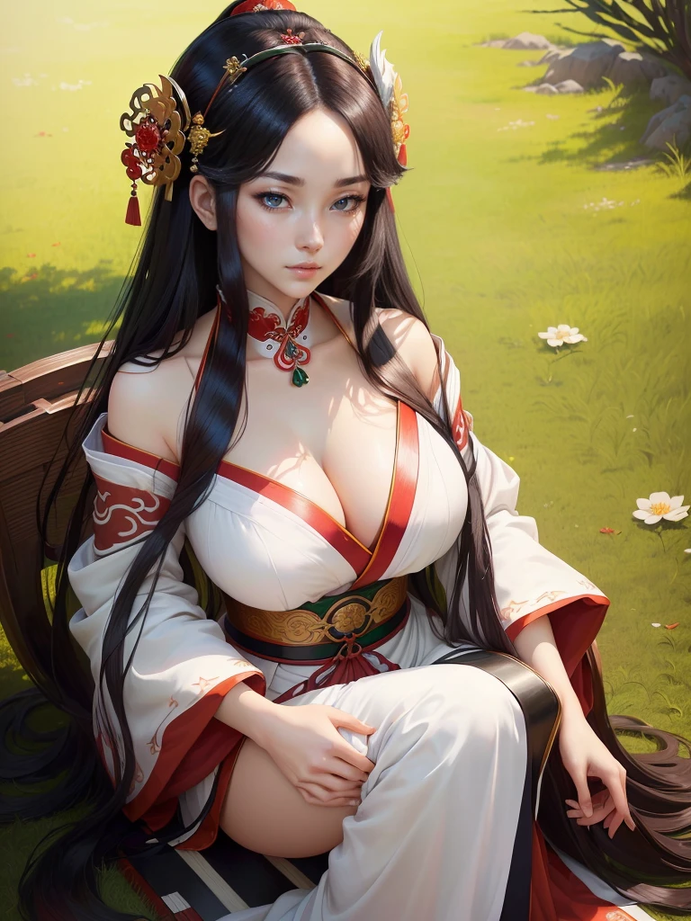 A woman in a white dress holding red and green syamisen, Beautiful character drawings, Japanese Goddess, Beautiful and attractive anime woman, Gweiz-style artwork, Beautiful Anime Woman, Beautiful Fantasy Empress, Inspired by Wu Zuoren, Inspired by Sukenori Nishikawa, Inspired by Du Qiong, Ancient Chinese Beauties,  Highly detailed CG unit 8k wallpaper, masterpiece, High resolution, highest quality, highest quality real texture skin, Super Real, Digital Painting, Best image quality, 最High resolution, 8k, ((Highly detailed eyes and face, Beautiful eyes every detail)), 