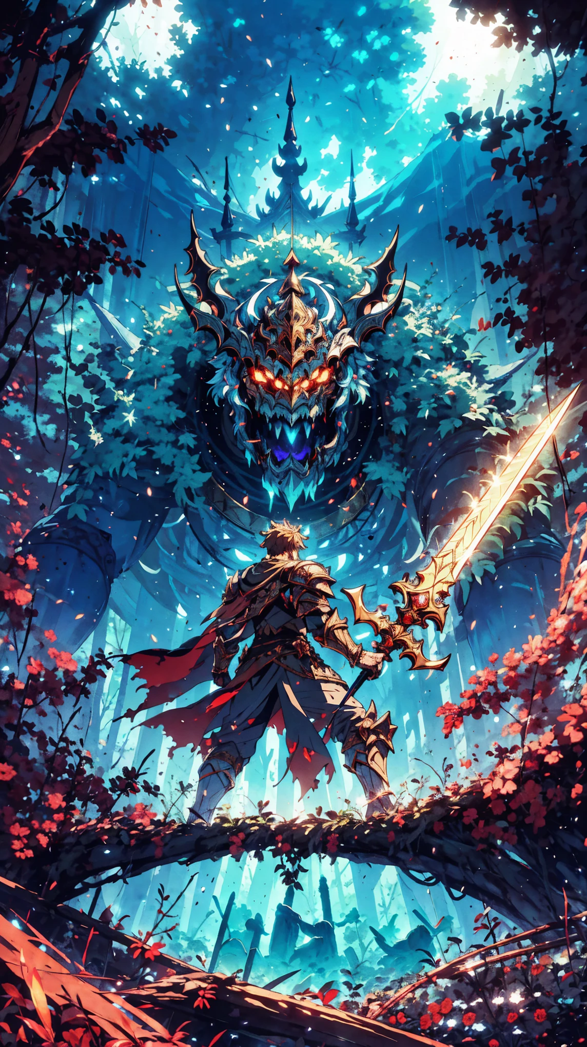 A lone warrior, clad in gleaming armor, stands defiant against the Devourer of Dreams in a mystical forest. The colossal creature looms above, its eyes burning with malevolent hunger.  The warrior raises a glowing sword, its blade crackling with ancient magic.  The forest floor is littered with the wreckage of past battles, hinting at the dangers that lurk within, ((Best quality)), ((masterpiece)), (detailed:1.4), fighting (High Dynamic Range), Super-Resolution, ,Subsurface scattering, PBR Texturing, Post-processing,Anisotropic Filtering, Depth-of-field, Maximum clarity and sharpness, Multi-layered textures, Albedo and Specular maps, Surface shading, Accurate simulation of light-material interaction, Perfect proportions, Octane Render, Two-tone lighting, Wide aperture,Low ISO, White balance, Rule of thirds