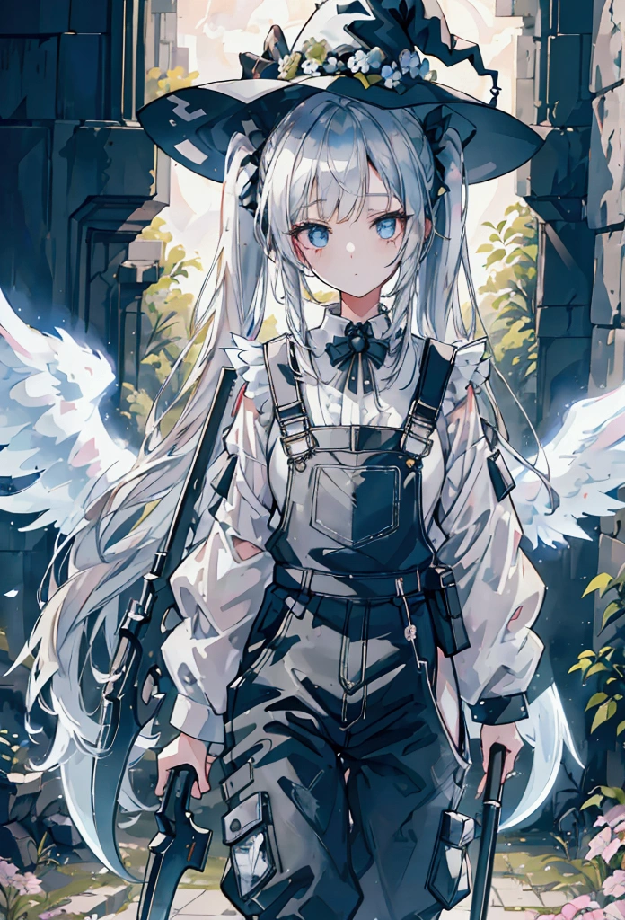 a girl with twin tails wearing a white shirt, overalls, with angel wings and a witch hat, holding a sci-fi scythe, standing in ancient ruins surrounded by flowers, intricate details, cinematic lighting, fantasy, anime style, 8k, high quality