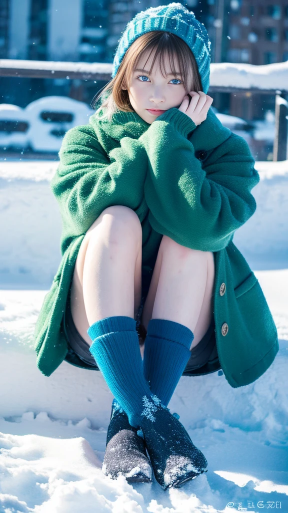 best quality,Ultra high resolution,1 girl,alone, 17 years,full body,snow,city,, blue hair,green eyes,JK,bare, Sitting with legs apart, hands clasped on head