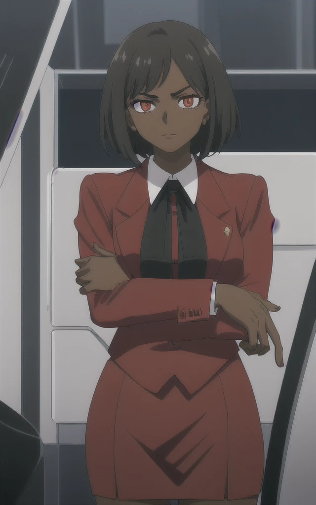 Dark skinned business women in a red blazer skirt suit with a blouse underneath with short black hair ceo